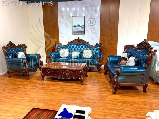 卷草123沙发古典宝石蓝 欧式古典真皮软包实木家具 别墅配套