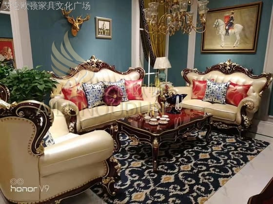 卷草123沙发拉菲酒红米黄 欧式古典真皮软包实木家具 别墅配套
