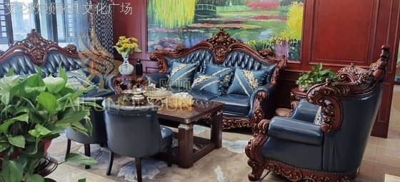 大如意古典的深蓝皮 欧式古典真皮软包实木家具 别墅配套