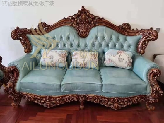 大如意古典色蓝皮 欧式古典真皮软包实木家具 别墅配套