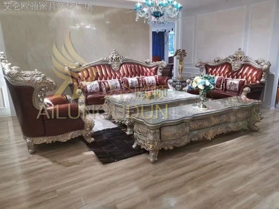 大如意浅香槟红皮 欧式古典真皮软包实木家具 别墅配套