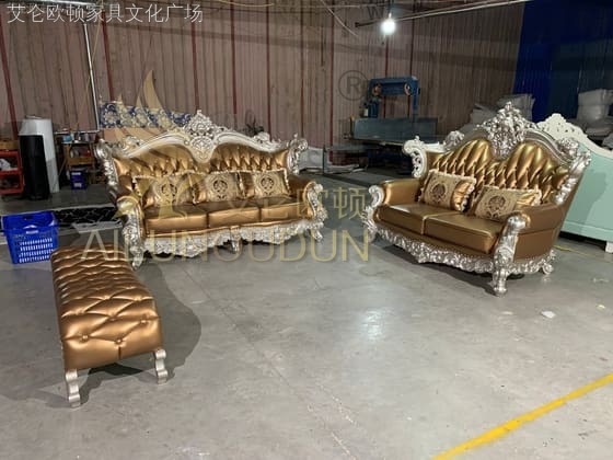 大如意浅香槟香槟皮 欧式古典真皮软包实木家具 别墅配套