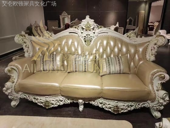 大如意珠光白米黄 欧式古典真皮软包实木家具 别墅配套