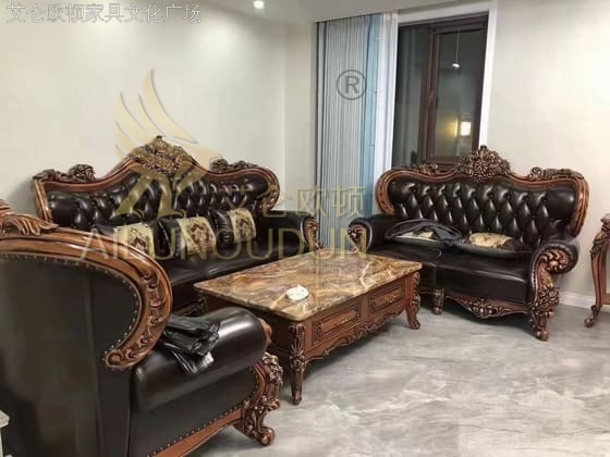 菠萝123沙发古典色黑咖 欧式古典真皮软包实木家具 别墅配套