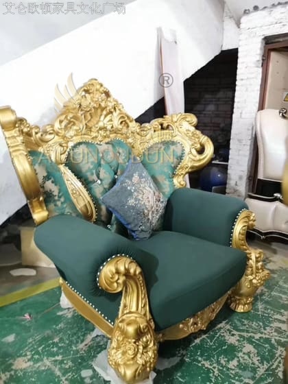 莲花腿123沙发组合金属漆绿布艺