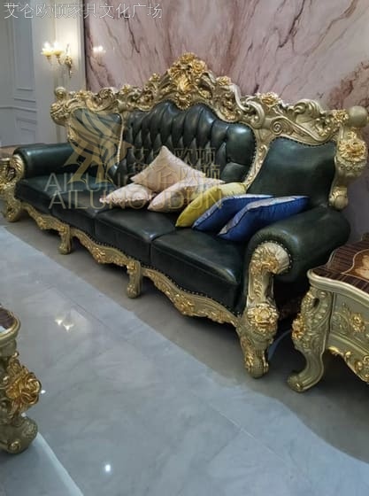 大玫瑰124沙发金属漆印花皮绿 欧式古典真皮软包实木床 别墅主卧婚床