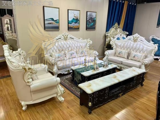 小如意珠光白米色 欧式古典真皮软包实木家具 别墅主卧客厅配套
