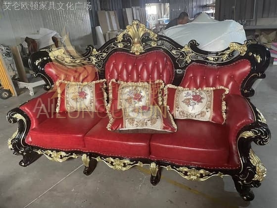 至尊鸿运当头黑檀色描金大红牛皮 欧式古典真皮软包实木家具 别墅配套