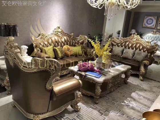 鸿运当头香槟金描金浅香槟牛皮 欧式古典真皮软包实木家具 别墅配套