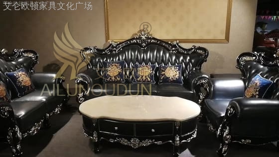 鸿运当头黑檀色描金深蓝牛皮 欧式古典真皮软包实木家具 别墅配套
