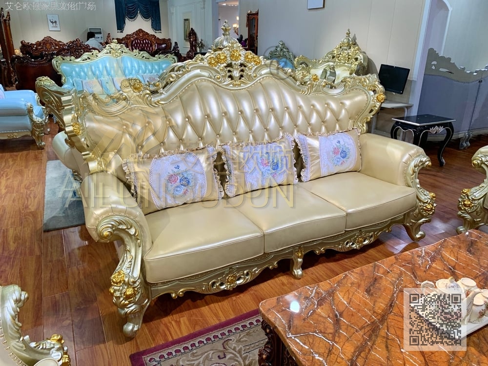 3朵花123沙发金属漆金色 欧式古典真皮软包实木床 别墅主卧婚床
