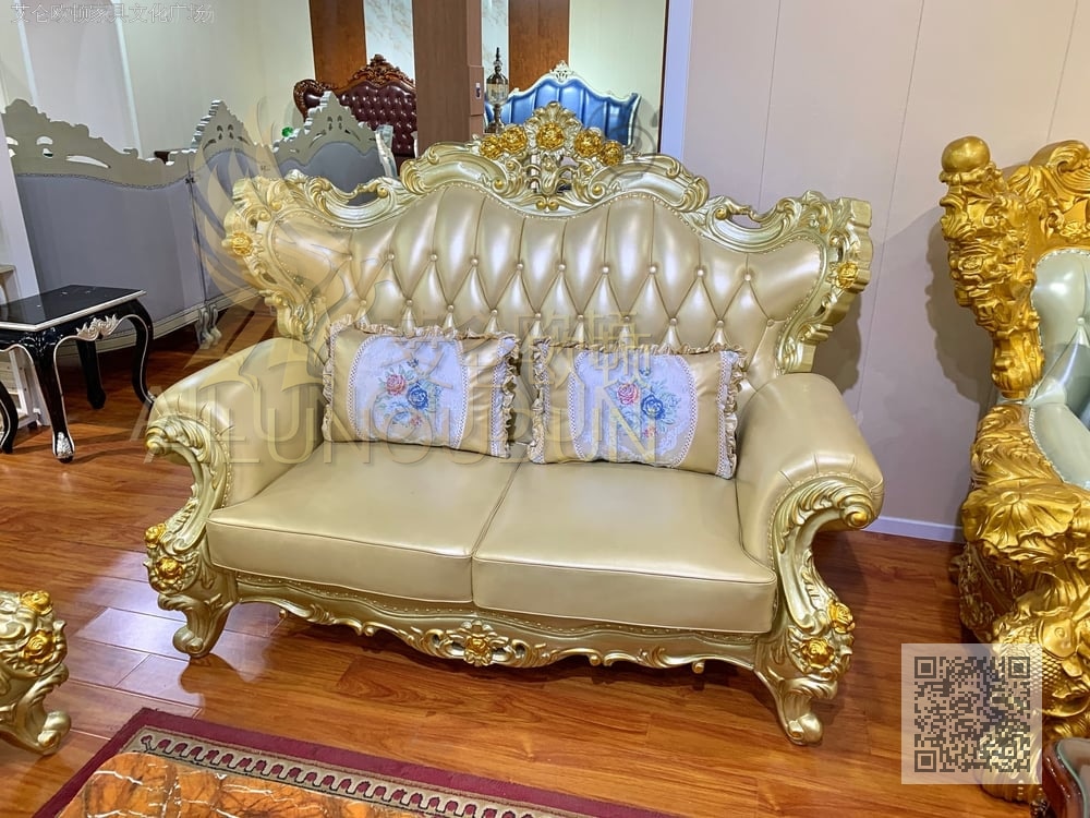 3朵花123沙发金属漆金色 欧式古典真皮软包实木床 别墅主卧婚床
