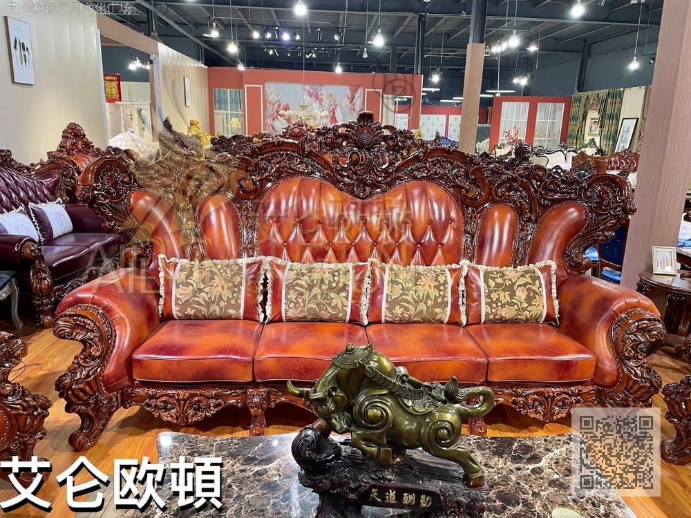 仿古色大叉子124擦色牛皮 欧式古典真皮软包实木床 别墅主卧婚床