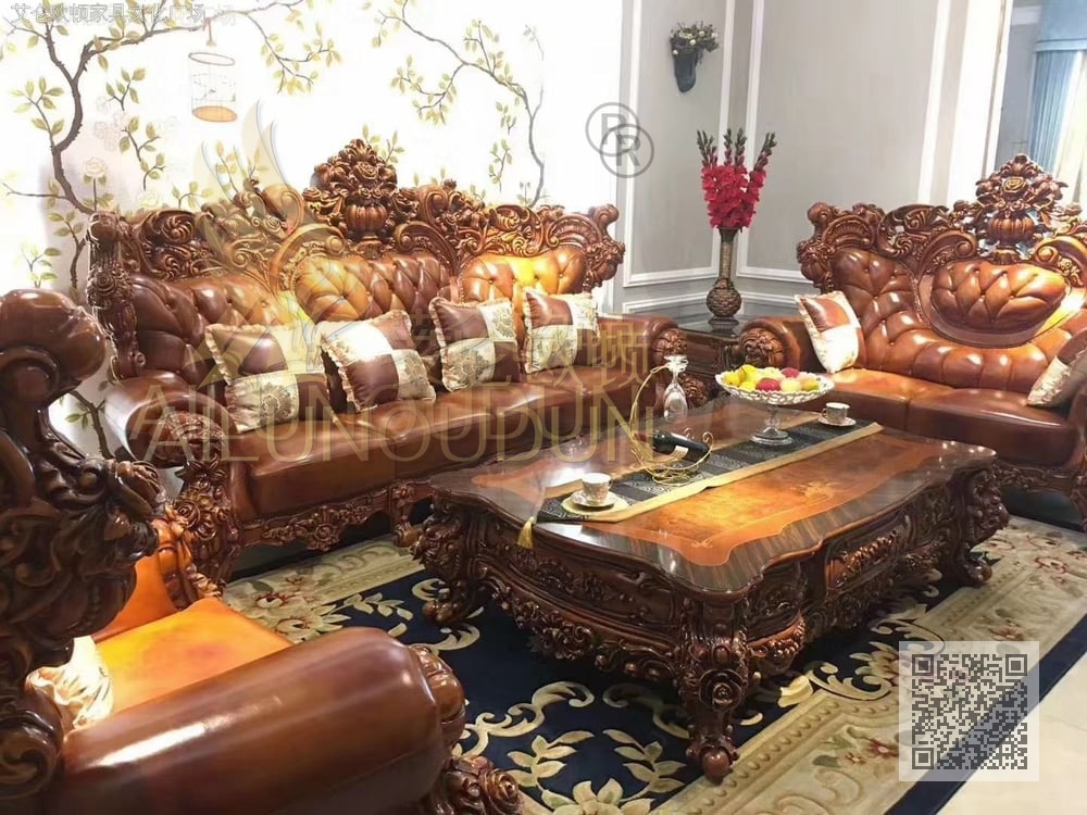 灯笼124沙发古典色复古 欧式古典真皮软包实木床 别墅主卧婚床