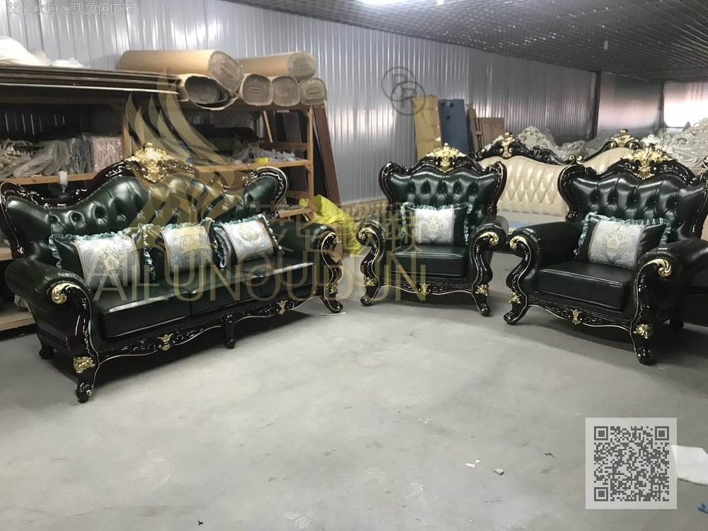 金杯123沙发酒红深绿 欧式古典真皮软包实木床 别墅主卧婚床