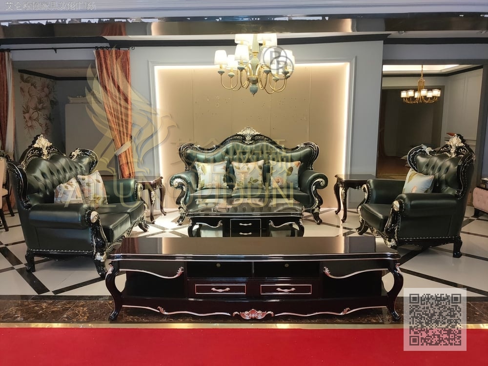 金杯123沙发黑檀珠光绿 欧式古典真皮软包实木床 别墅主卧婚床