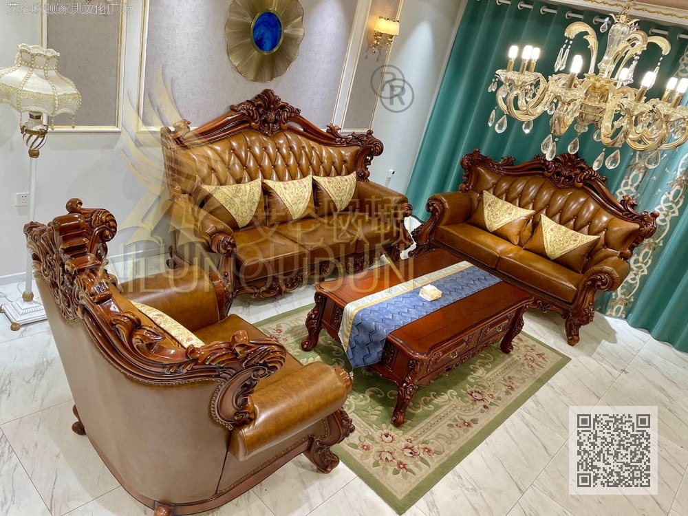 小如意款姜黄色 欧式古典真皮软包实木家具 别墅主卧客厅配套