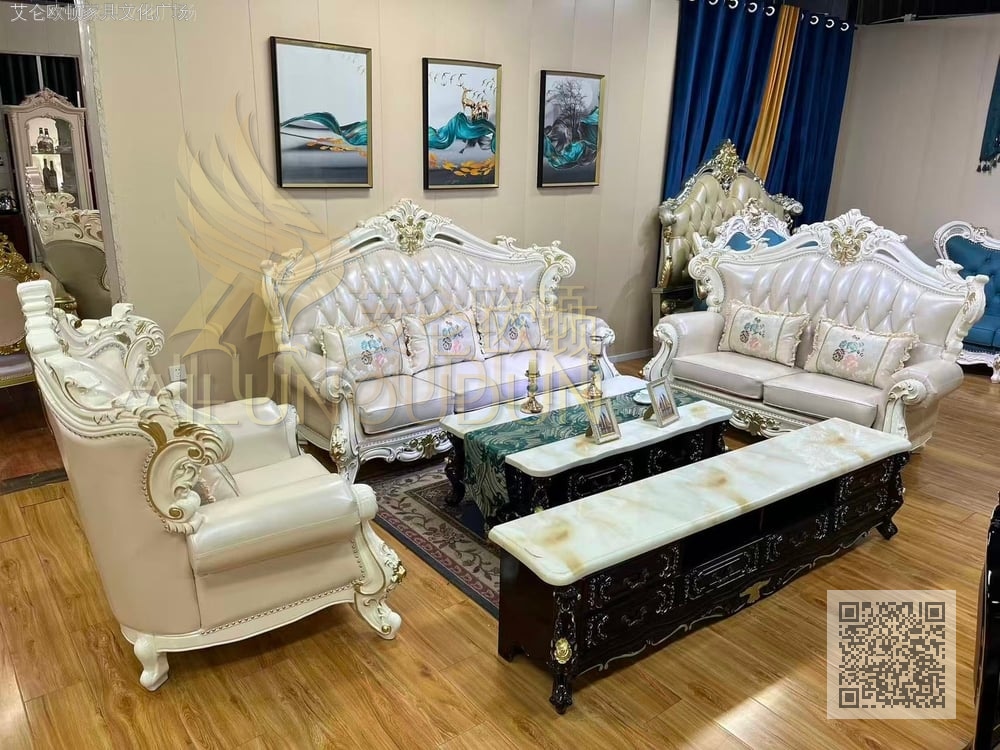 小如意珠光白米色 欧式古典真皮软包实木家具 别墅主卧客厅配套