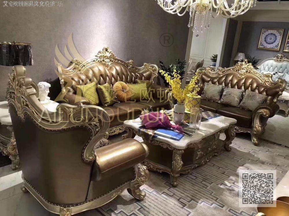 鸿运当头香槟金描金浅香槟牛皮 欧式古典真皮软包实木家具 别墅配套