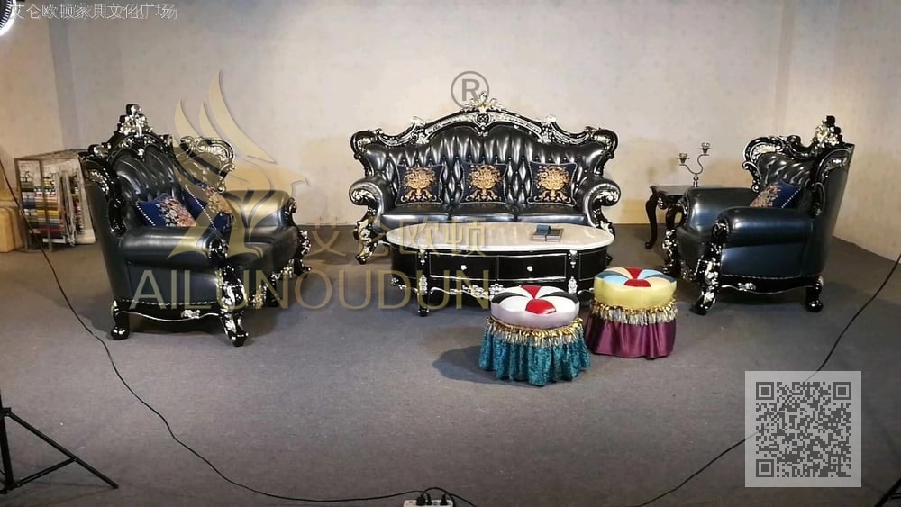 鸿运当头黑檀色描金深蓝牛皮 欧式古典真皮软包实木家具 别墅配套