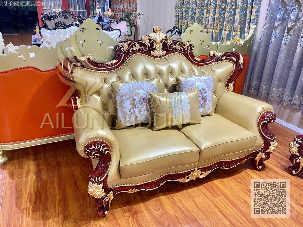 小太阳123沙发酒红金色 欧式古典真皮软包实木家具 别墅配套