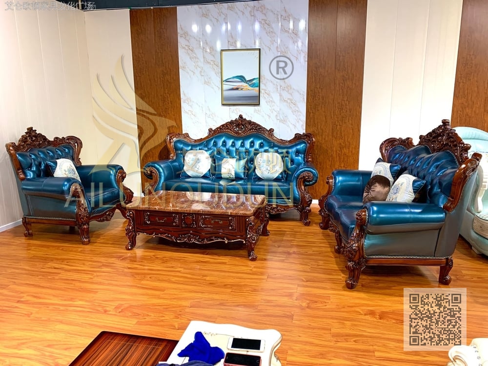 卷草123沙发古典宝石蓝 欧式古典真皮软包实木家具 别墅配套