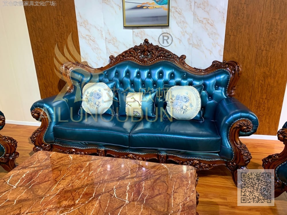 卷草123沙发古典宝石蓝 欧式古典真皮软包实木家具 别墅配套