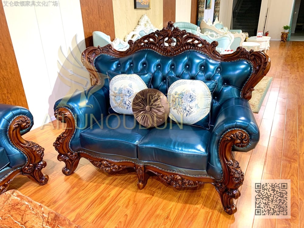 卷草123沙发古典宝石蓝 欧式古典真皮软包实木家具 别墅配套
