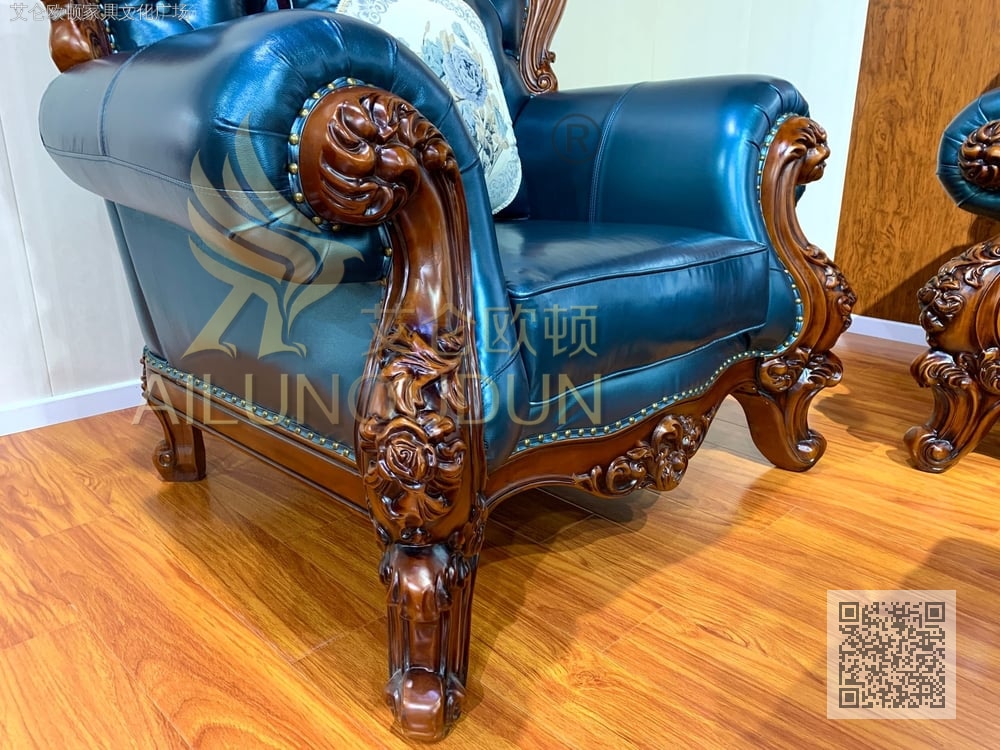 卷草123沙发古典宝石蓝 欧式古典真皮软包实木家具 别墅配套