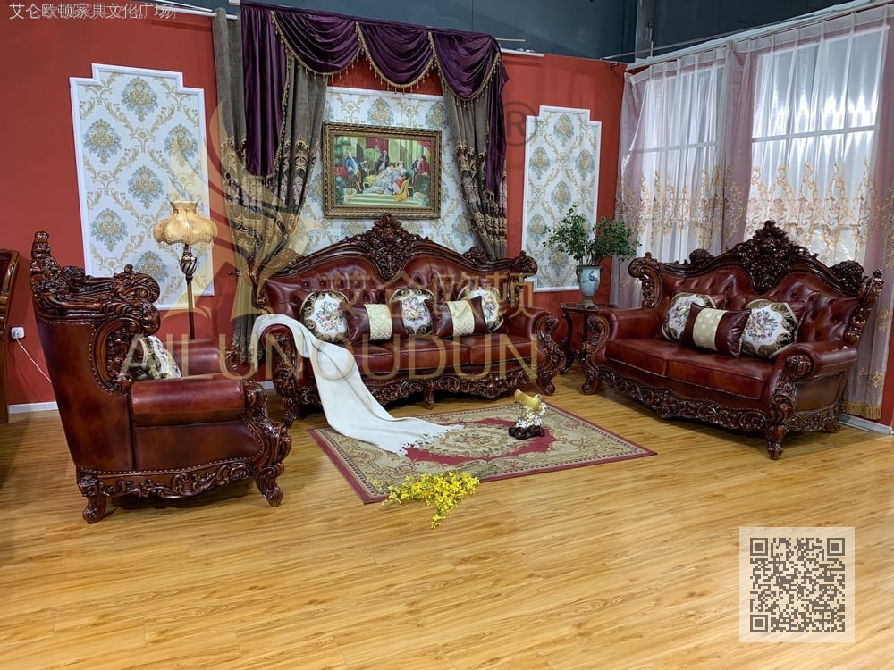 大如意古典浅咖 欧式古典真皮软包实木家具 别墅配套