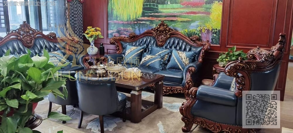 大如意古典的深蓝皮 欧式古典真皮软包实木家具 别墅配套