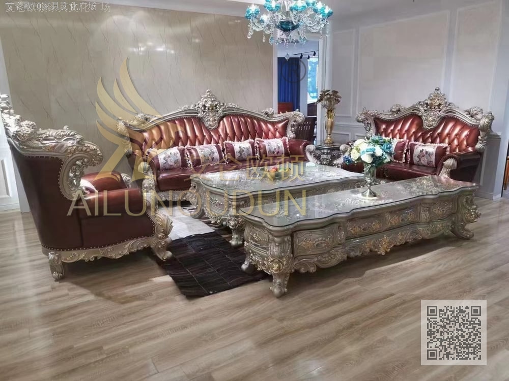 大如意浅香槟红皮 欧式古典真皮软包实木家具 别墅配套