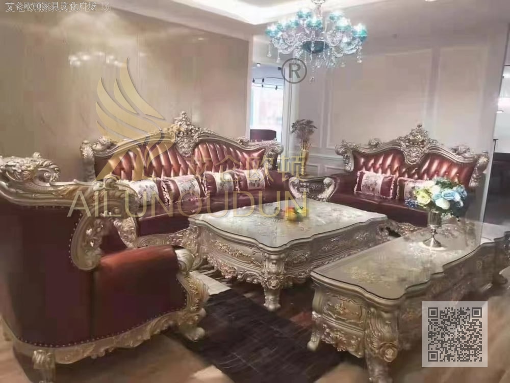 大如意浅香槟红皮 欧式古典真皮软包实木家具 别墅配套