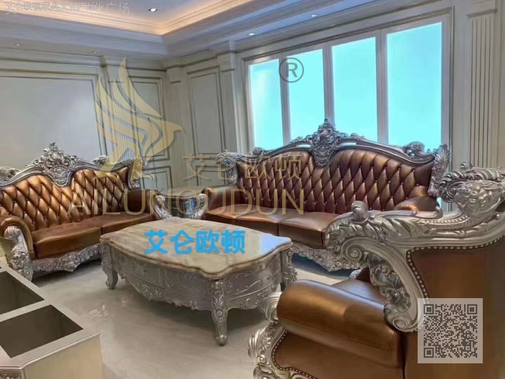 大如意浅香槟香槟皮 欧式古典真皮软包实木家具 别墅配套