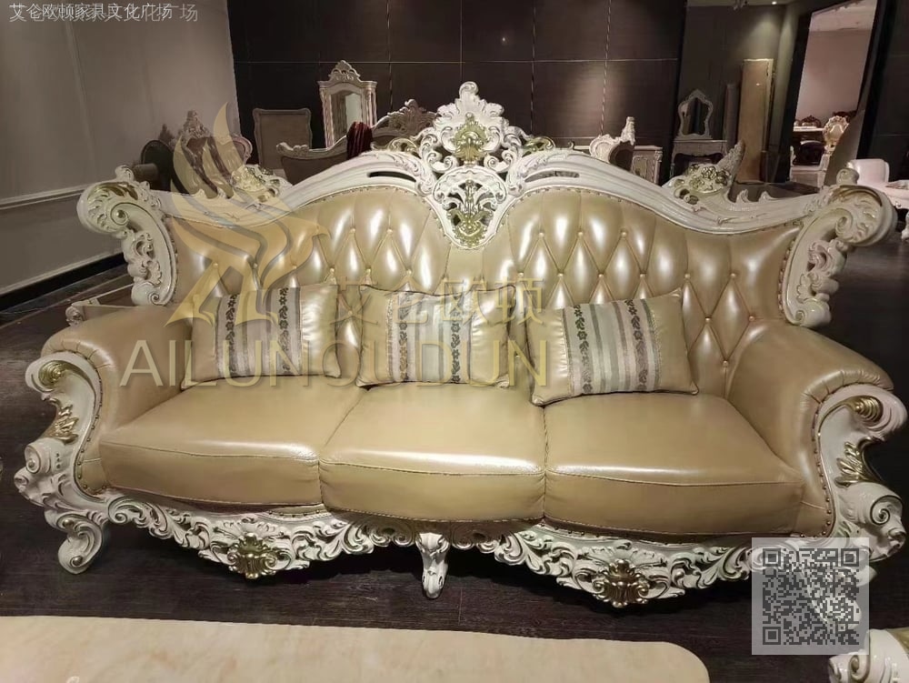 大如意珠光白米黄 欧式古典真皮软包实木家具 别墅配套