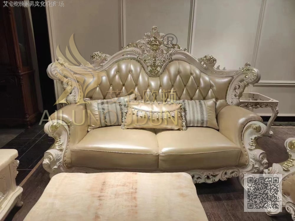 大如意珠光白米黄 欧式古典真皮软包实木家具 别墅配套