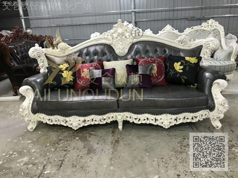 大如意白木线灰皮 欧式古典真皮软包实木家具 别墅配套