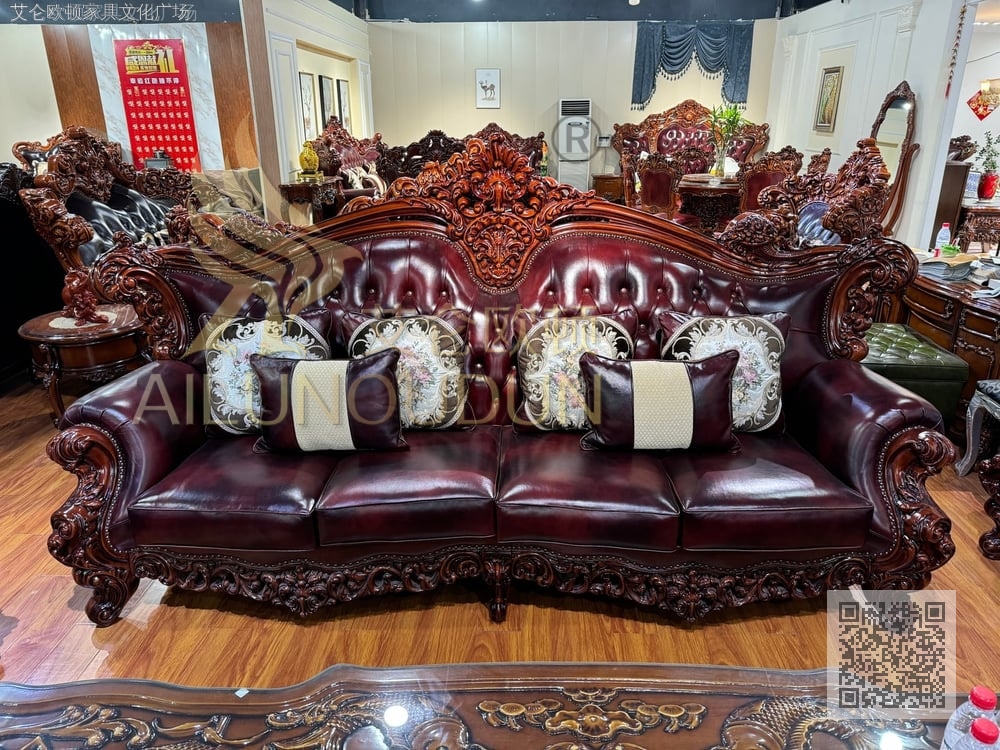 大如意紫咖色皮 欧式古典真皮软包实木家具 别墅配套