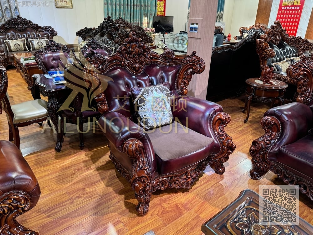 大如意紫咖色皮 欧式古典真皮软包实木家具 别墅配套