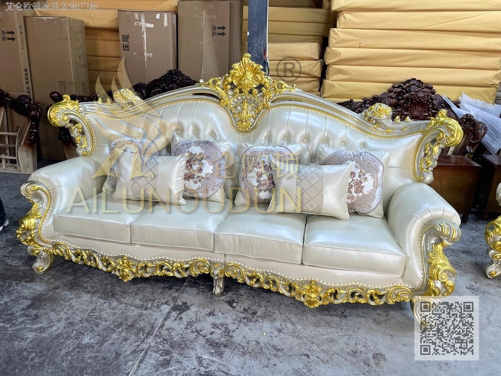 大如意金色浅皮 欧式古典真皮软包实木家具 别墅配套