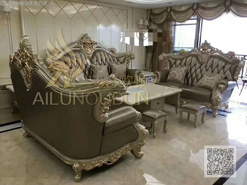 大如意金色深香槟皮 欧式古典真皮软包实木家具 别墅配套