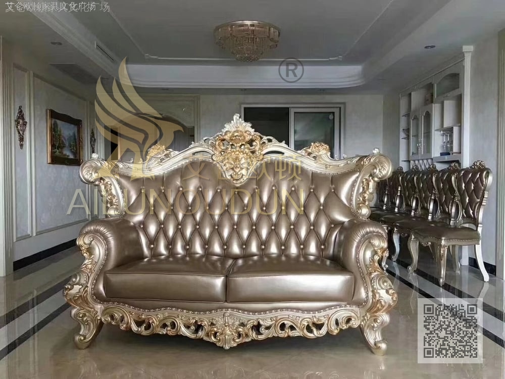 大如意金色深香槟皮 欧式古典真皮软包实木家具 别墅配套