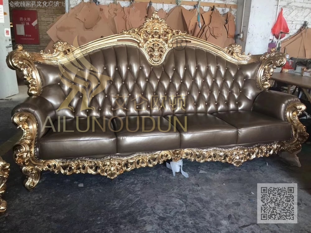 大如意金色深香槟皮 欧式古典真皮软包实木家具 别墅配套