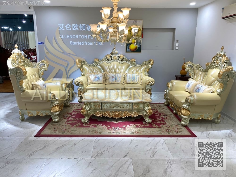 新皇冠浅香槟金浅米牛皮 欧式古典真皮软包实木家具 别墅配套