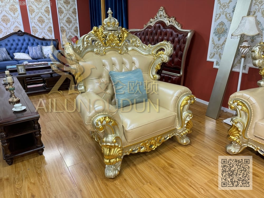 新皇冠浅香槟金米白牛皮 欧式古典真皮软包实木家具 别墅配套