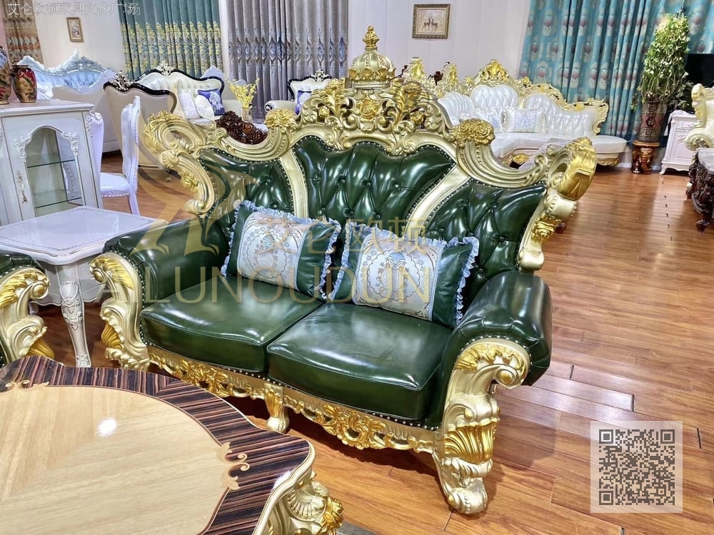 新皇冠香槟金墨绿牛皮 欧式古典真皮软包实木家具 别墅配套