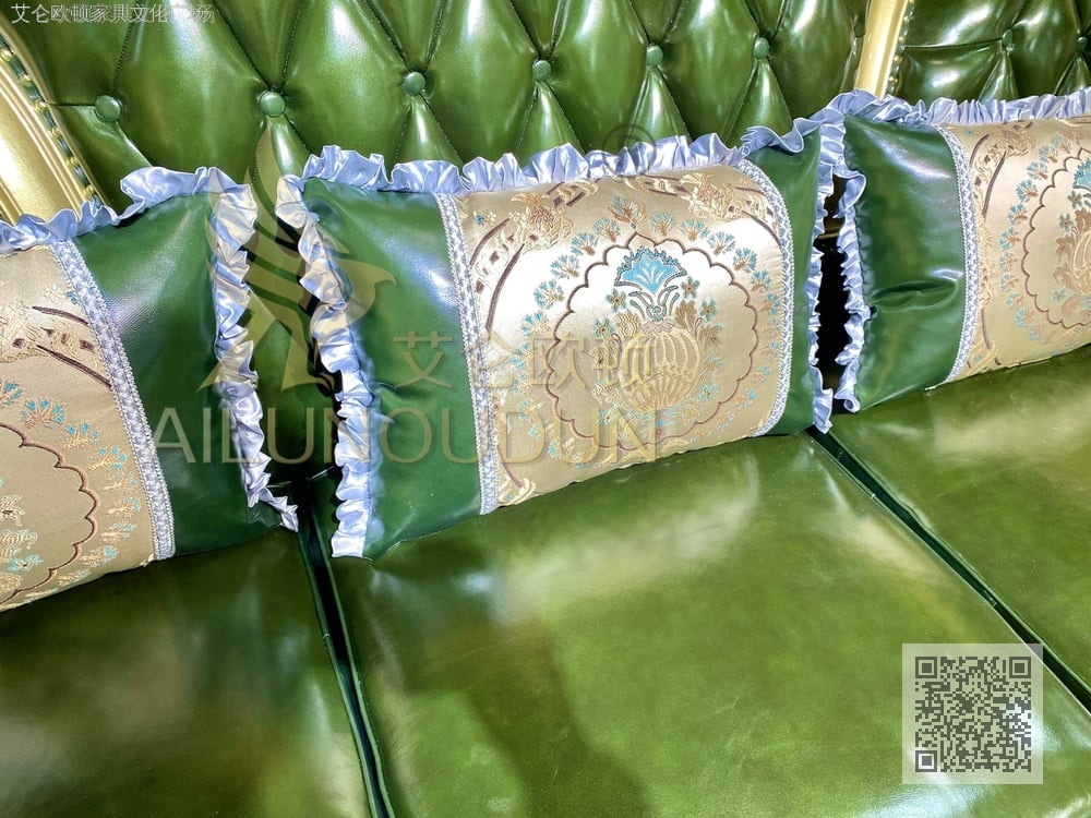 新皇冠香槟金墨绿牛皮 欧式古典真皮软包实木家具 别墅配套