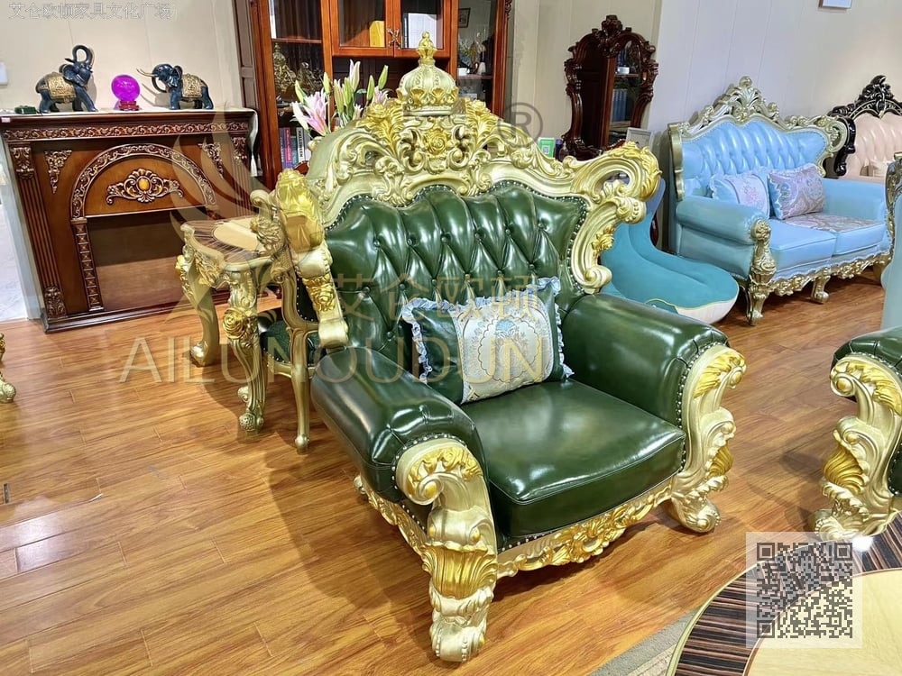 新皇冠香槟金墨绿牛皮 欧式古典真皮软包实木家具 别墅配套