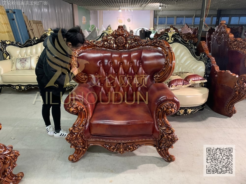菠萝123沙发古典红 欧式古典真皮软包实木家具 别墅配套
