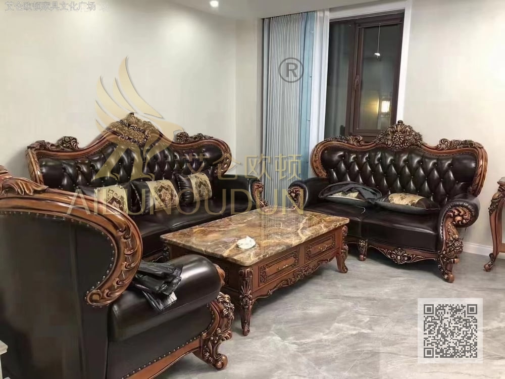 菠萝123沙发古典色黑咖 欧式古典真皮软包实木家具 别墅配套